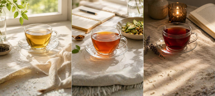 Three cups of loose-leaf tea arranged for morning, midday, and evening beside IngenuiTea packages.
