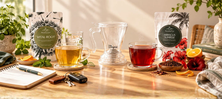 Golden and ruby-colored morning teas beside loose leaves, The Steepie, and a planner.