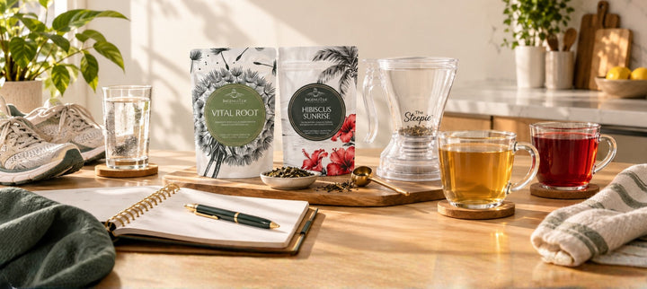 Loose-leaf tea, water, walking shoes, and a planner arranged for a simple healthy morning routine.