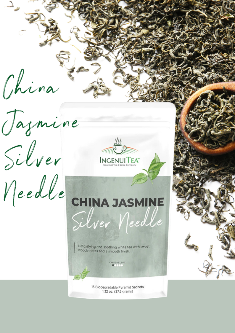 organic jasmine tea with loose leaf tea in background