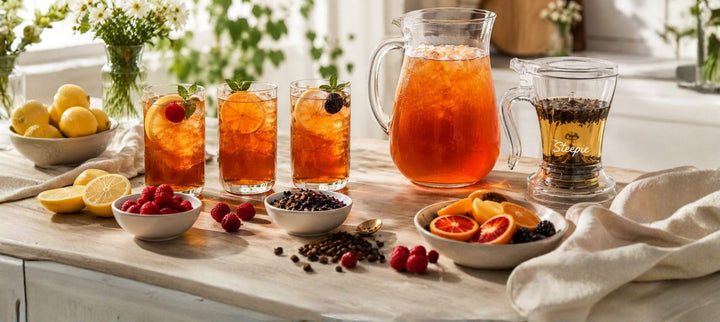 Refreshing loose-leaf iced tea with citrus, berries and The Steepie on a bright summer table