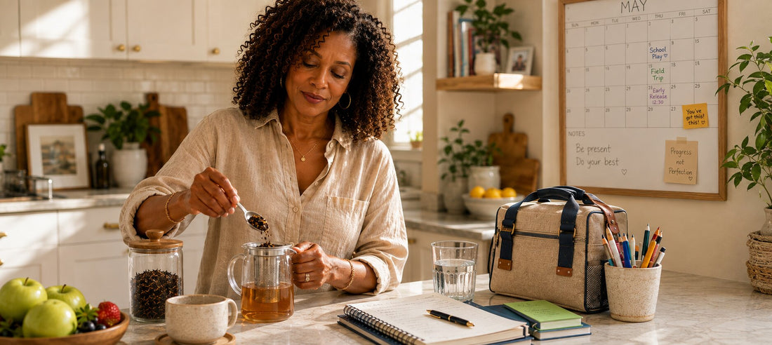 A Black woman preparing loose-leaf tea in a bright kitchen beside a school calendar, notebook, lunch bag, and fresh fruit.