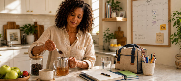 A Black woman preparing loose-leaf tea in a bright kitchen beside a school calendar, notebook, lunch bag, and fresh fruit.