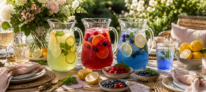 colorful teas, fresh fruit garnishes, and premium serving pieces for summer entertaining