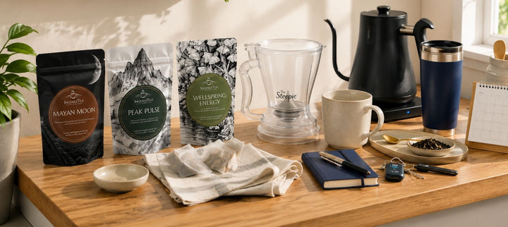 A compact tea station with loose-leaf tea, brewing tools, a mug, and a travel cup arranged for a busy morning.