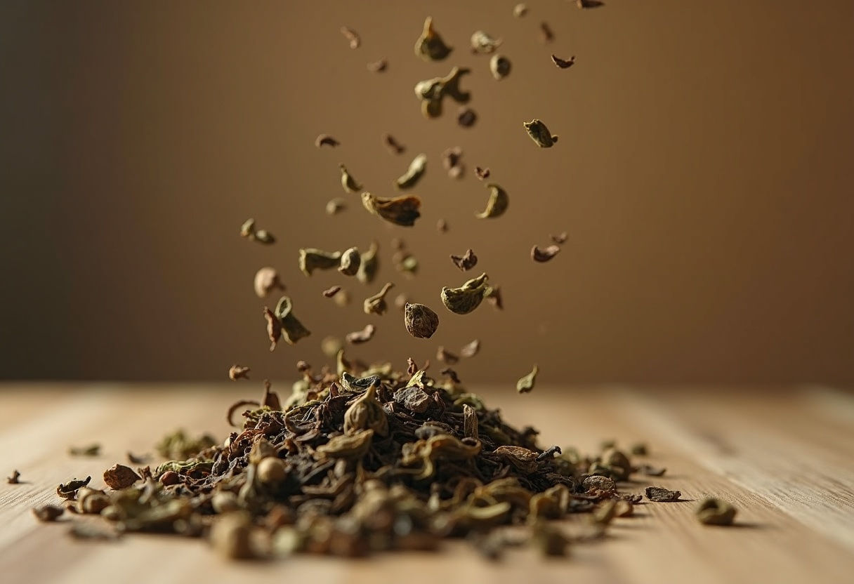 Dried tea leaves falling
